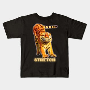 Large tiger doing a stretch exercise - silver gold 1 Kids T-Shirt